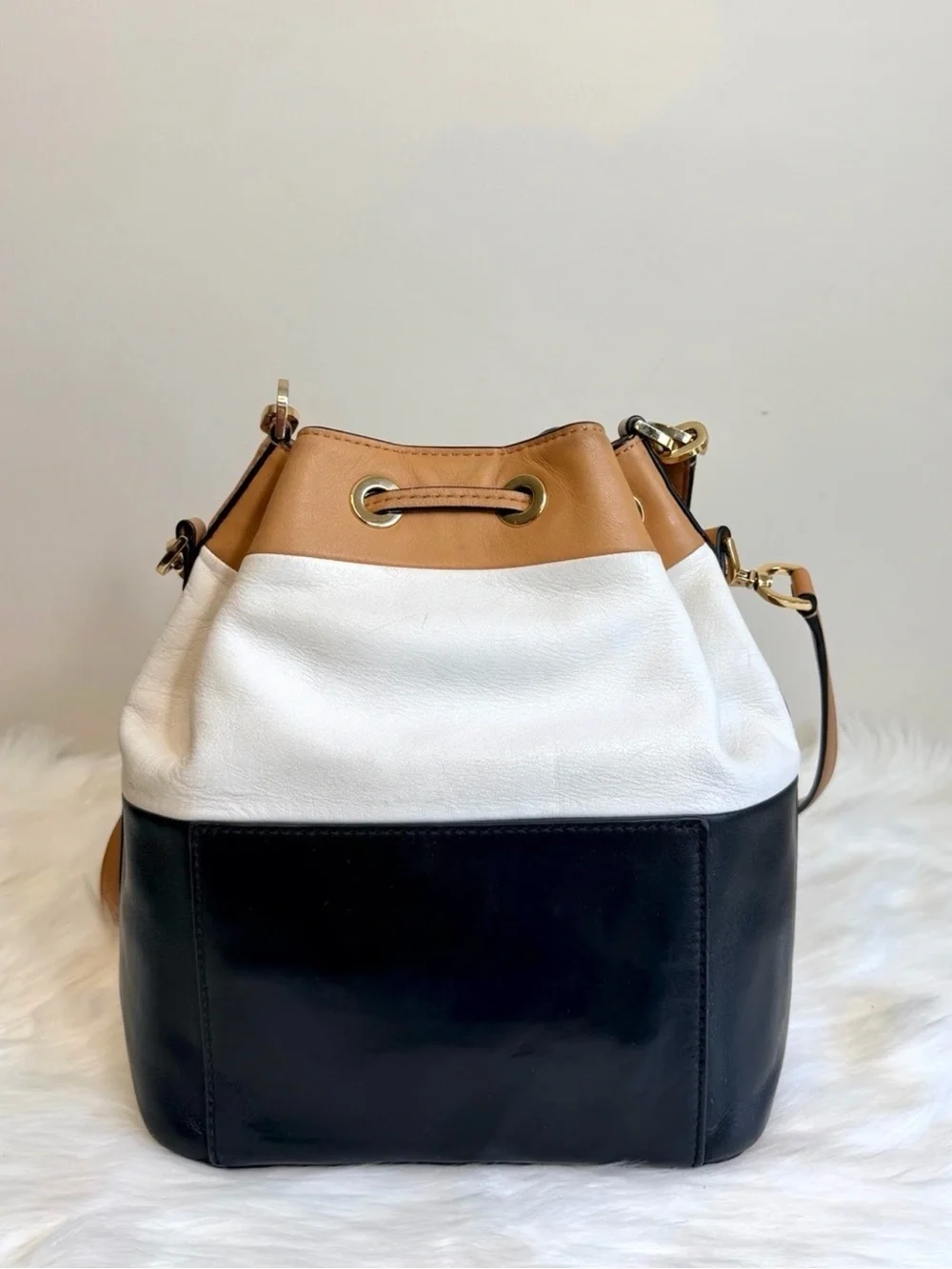 Michael Kors Leather Colorblock Bucket Shoulder/Crossbody Bag Black, White & Tan